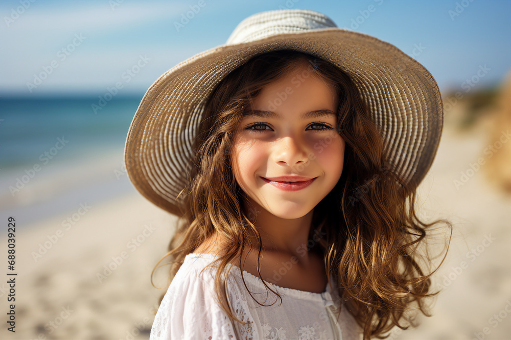 Portrait of cheerful happy sunny girl walking along the coastline enjoying adventure