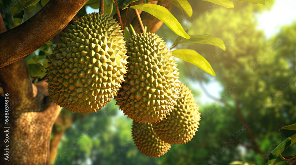 ripe durian fruits are hanging on a tropical tree in the garden ripe durian fruits are hanging on a tropical tree in the garden