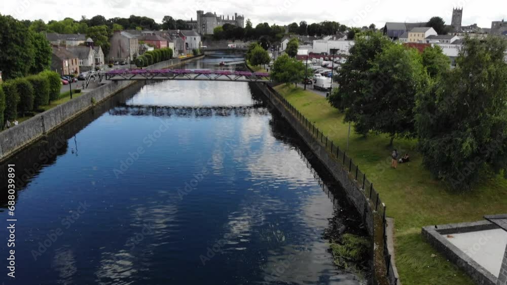 Aerial of footbridge above a Nore river Aerial of footbridge above a Nore river