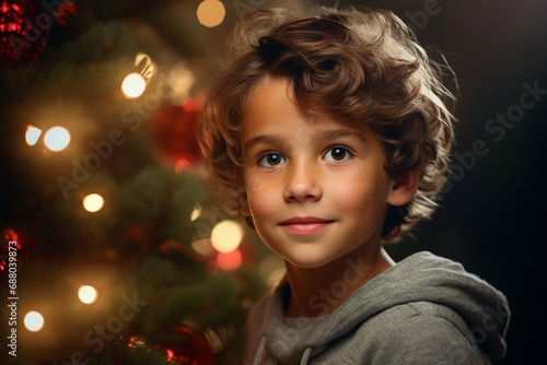 Generative AI. Young boy girl enjoy winter holidays xmas x mas eve decorated room