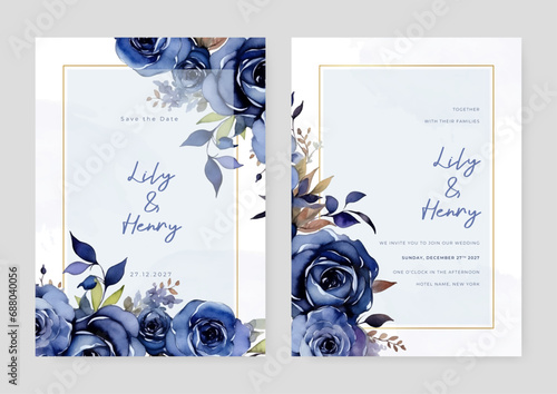 Blue rose vector wedding invitation card set template with flowers and leaves watercolor