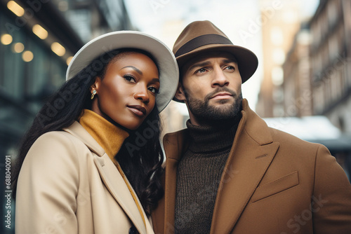 Generative AI portrait of young stunning woman handsome man couple traveling  winter time abroad city