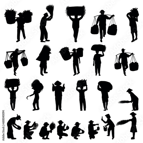 Collection of illustrations of silhouettes of harvesting agricultural products using traditional methods