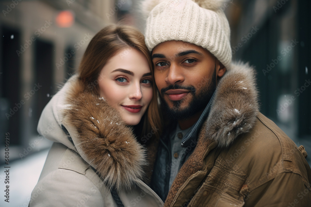 Generative AI portrait of young lovers couple over new year decorations snowy city winter fair Generative AI portrait of young lovers couple over new year decorations snowy city winter fair
