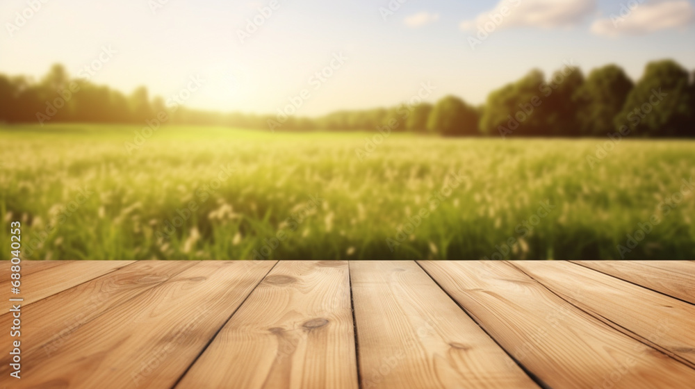 Wooden surface background with field behind, agriculture background concept, nature. Innovative AI.