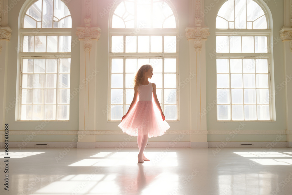 Cute little ballerina wearing pink dress dancing in white sunny studio. Girl in dance class. Child practicing ballet.