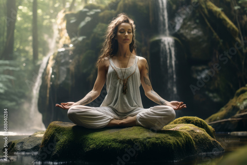 Young woman practicing breathing yoga pranayama outdoors in moss forest on a backdrop of waterfall. Unity with nature concept. photo