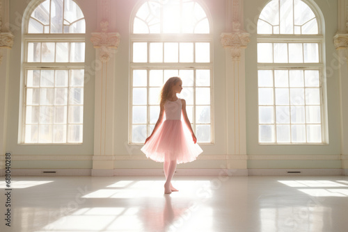Cute little ballerina wearing pink dress dancing in white sunny studio. Girl in dance class. Child practicing ballet. Free Download Cute little ballerina wearing pink dress dancing in white sunny studio. Girl in dance class. Child practicing ballet. - GFXLoad