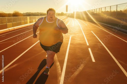 Obese man running at a stadium on sunny summer evening. Young overweight male struggling to lose some weight. Healthcare and dieting.