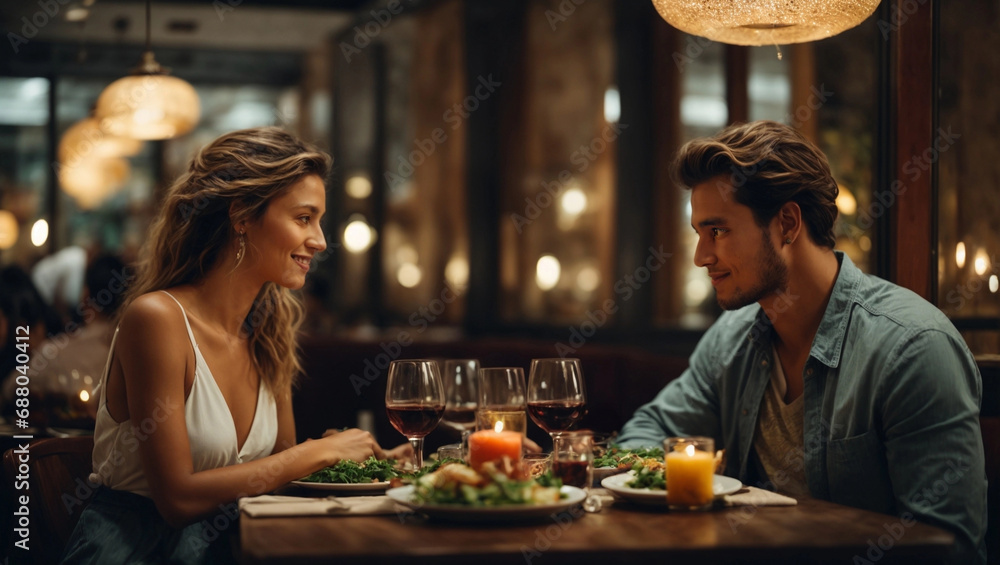 Beautiful loving couple is spending time together for dinner in restaurant. Valentine's Day Love and Relationship Concept