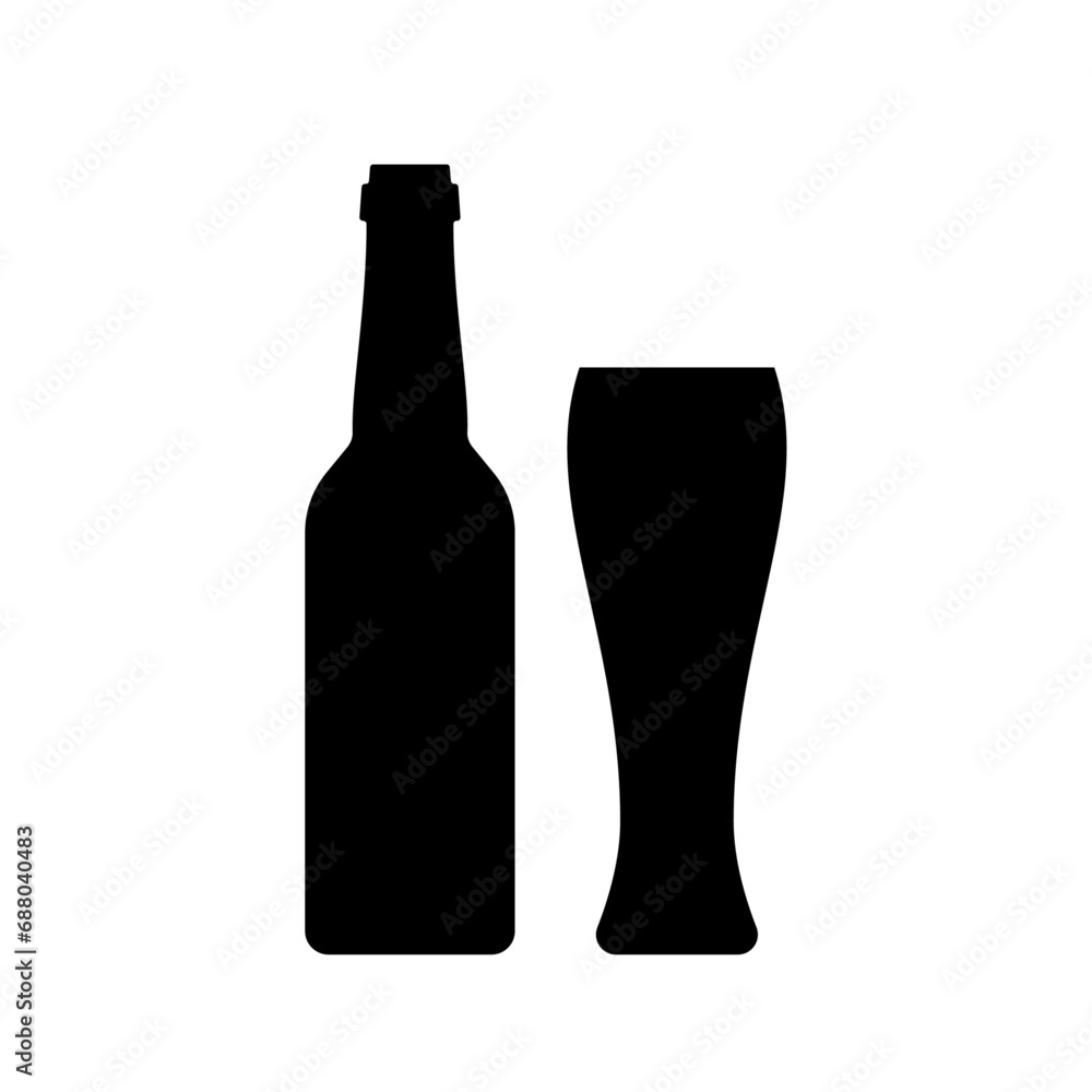 Beer bottle and glass black icon. Vector element on white background. Beer bottle and glass black icon. Vector element on white background.