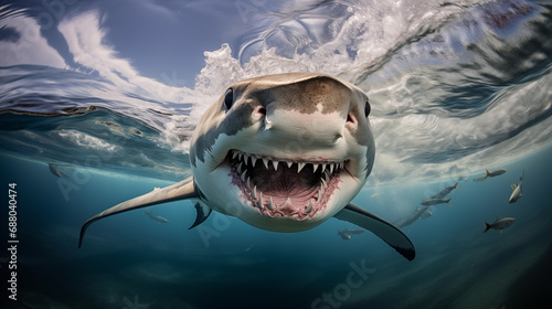 Shark facing the camera close up portraite with other fish on background