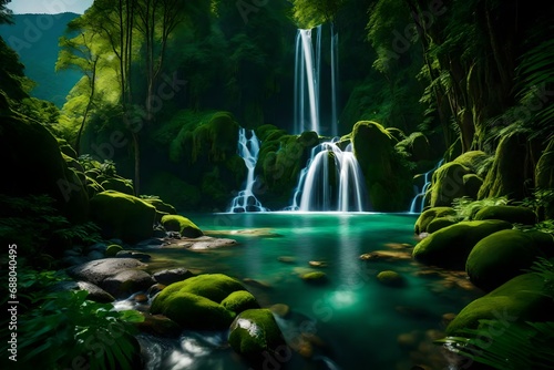 Lush greenery enveloping a series of cascading waterfalls, creating a serene spectacle within the mountains.