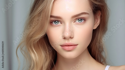 Close up portrait of beautiful face young female model with fresh clean skin and healthy skin for Cosmetology, beauty and spa