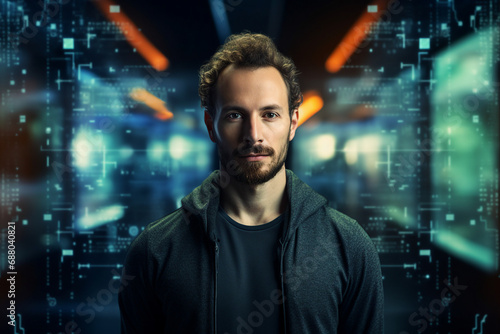 Generative AI portrait of cyberpunk system administrator programmer hacker person