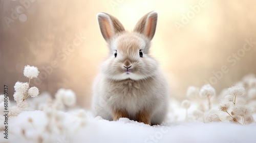 Adorable cute bunny rabbit on a plain background with flowers and leaves created with Generative AI technology