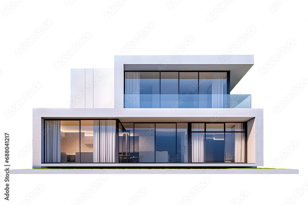 Front view modern house with large window on white Front view modern house with large window on white