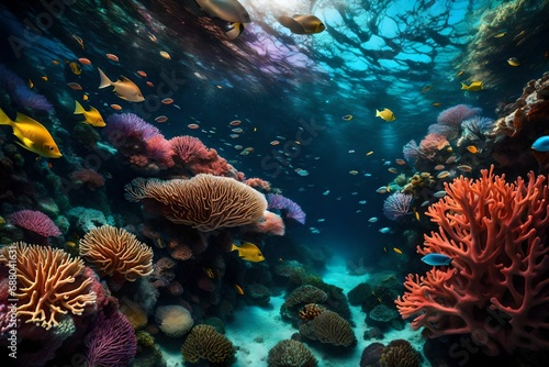 A majestic, vibrant coral reef bustling with an array of marine life beneath the shimmering surface of the sea.