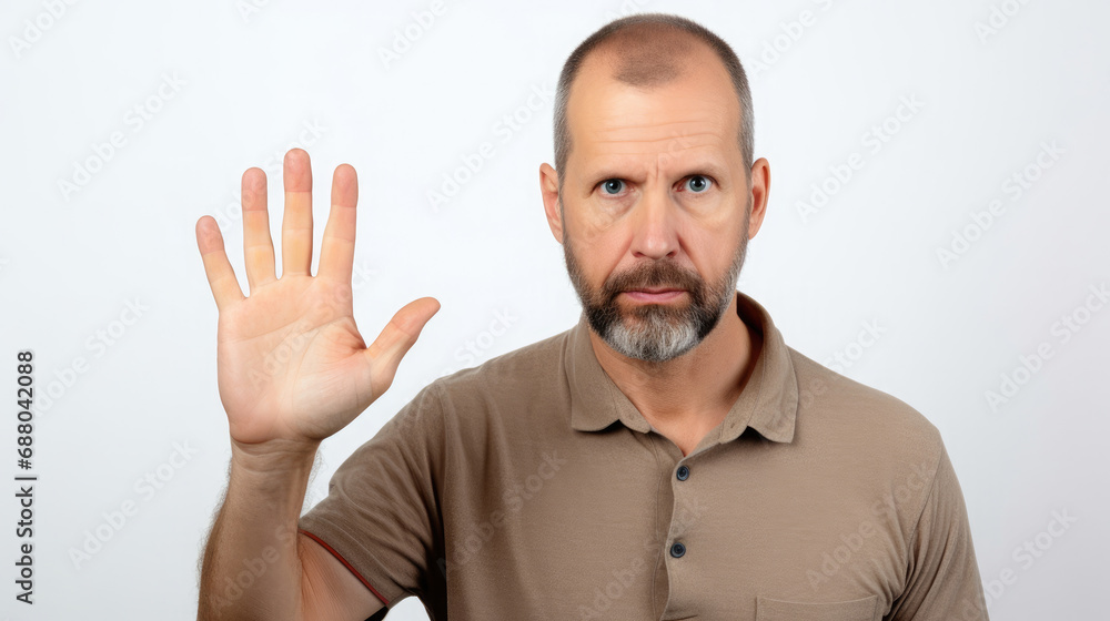 Caucasian man with dissatisfied expression says no with open palm facing forward isolated on white background Caucasian man with dissatisfied expression says no with open palm facing forward isolated on white background