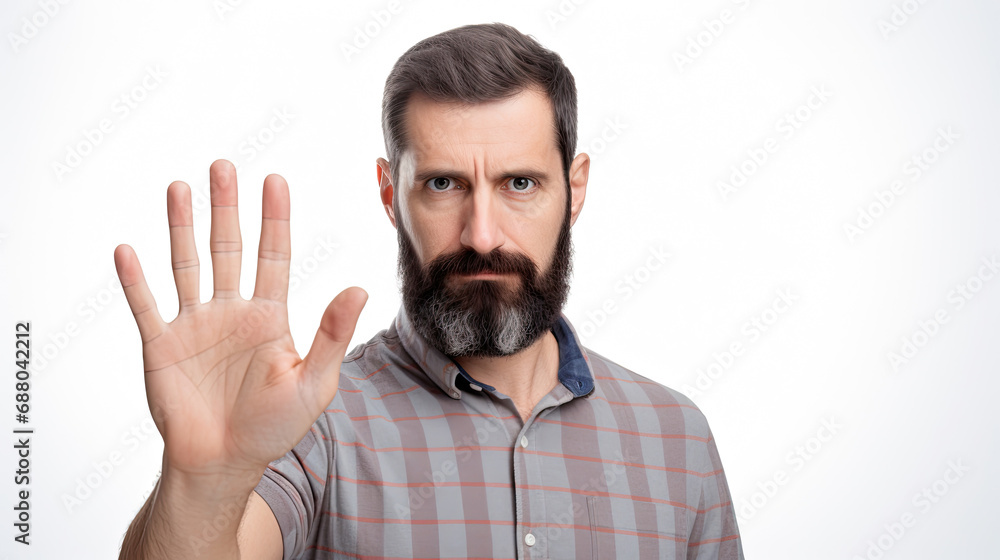 Obraz premium Caucasian man with dissatisfied expression says no with open palm facing forward isolated on white background
