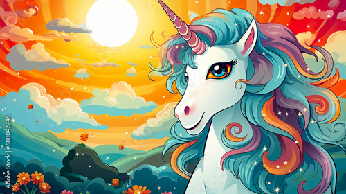 Unicorn on the background of the night sky with clouds illustration