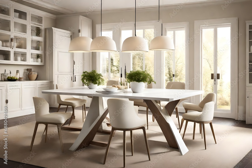 An inviting dining area with a white table, cream-colored chairs, and soft pendant lighting for an intimate and welcoming atmosphere.
