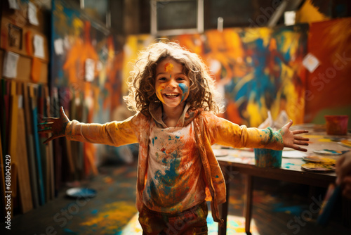 Smiling child with stained t-shirt and spotted colorful drawing studio background looking into the camera with playful look. Empty space place for text, copy paste. Bored kid staying alone at home