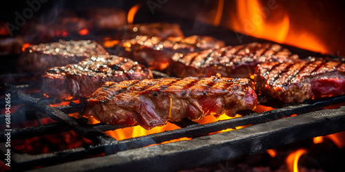 A grill with burgers and other food on it, Argentinian Parrilla Sizzling Steaks Blood Sausage Provoleta, Steaks on a grill with flames on the background, generative AI