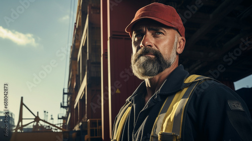 Portrait of male engineer working with container cargo ship at shipping industry, AI Generated