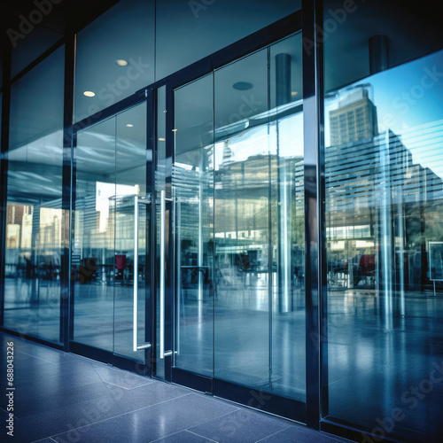 Glass doors of office building