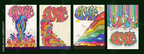 1960s Psychedelic Art Style Poster Backgrounds, Colorful Dynamic Shapes, Splashes and Clouds