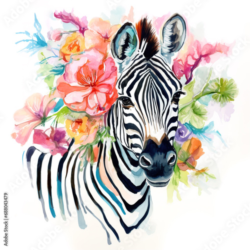 Image of a zebra head with colorful tropical flowers on white background. Mammals. Wildlife Animals.