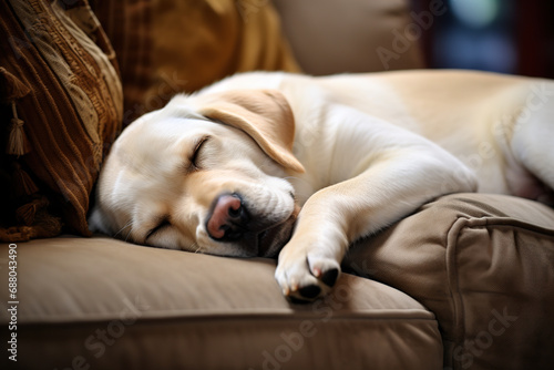 Image of cute labrador dog lying on sofa. Pet. Animals.