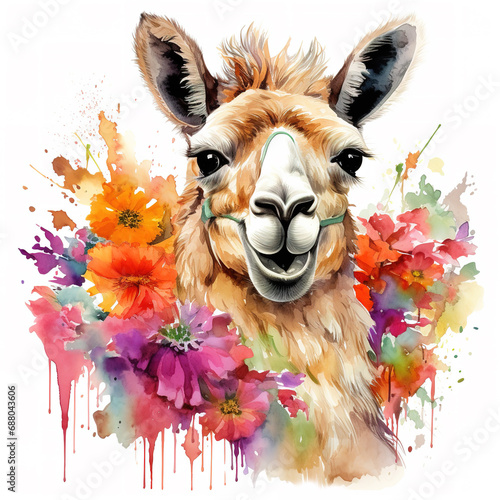 Image of a llama head with colorful tropical flowers on white background. Mammals. Wildlife Animals.