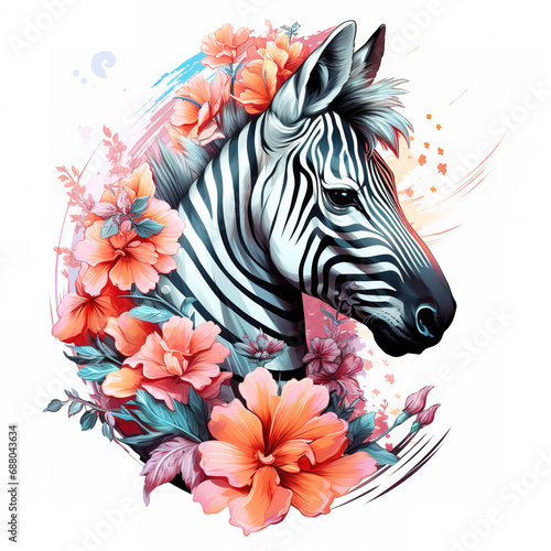 Image of a zebra head with colorful tropical flowers on clean background. Mammals. Wildlife Animals.