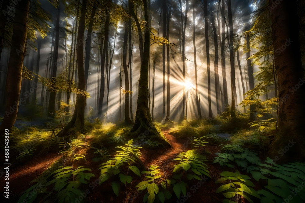 Obraz premium Sun rays piercing through a thick canopy, illuminating a serene, mist-covered forest floor dotted with vibrant wildflowers.