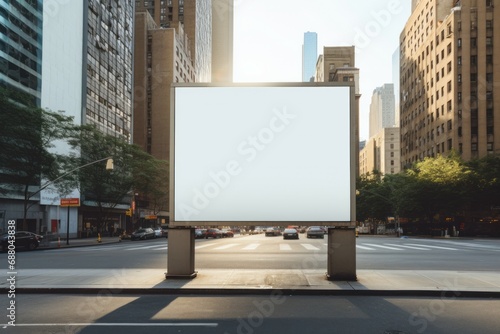 An empty huge poster mockup on the roof of a mall; white template placeholder of an advertising billboard on the rooftop of a modern building framed by trees; blank mock-up of an outdoor info banner