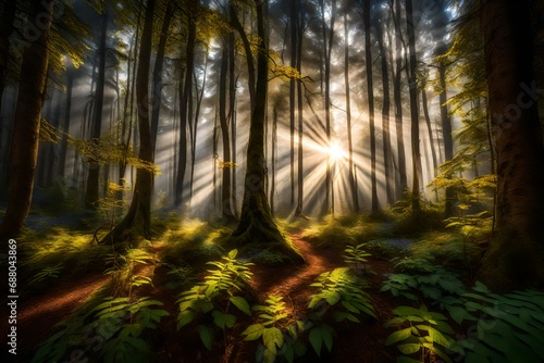 Sun rays piercing through a thick canopy  illuminating a serene  mist-covered forest floor dotted with vibrant wildflowers.