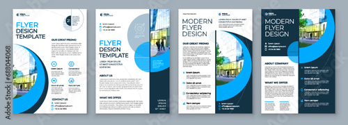 Blue Flyer Template Layout Design Set Corporate Business Annual Report Catalog Magazine Brochure Mockup Creative Modern Bright Concept Circle Round Blue Shape