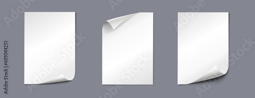 3d realistic vector illustration. Set of curled paper on gray background.