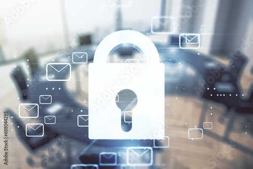 Abstract virtual lock illustration with postal envelopes on a modern coworking room background, cyber security and email protection concept. Multiexposure