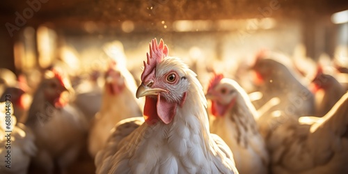 Chicken with speckled feathers clucks among peers in a sunlit barn. photo