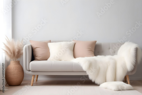 A sofa with a fluffy white blanket made of fur and pillows standing against the wall. Interior of a modern living room in Scandinavian style, Hygge. photo