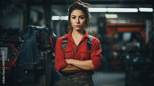 Confident beautiful woman engineer standing and working at work place garage, AI Generated