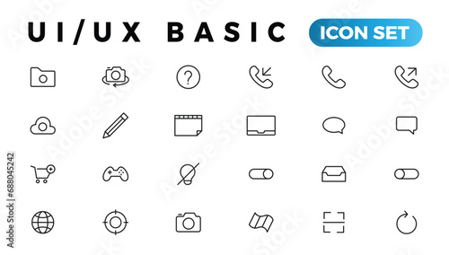 Basic User Interface Essential Set. ui/ux Line Outline Icons. For App, Web, Print. Editable Stroke.