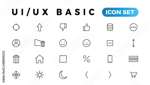 Basic User Interface Essential Set. ui/ux Line Outline Icons. For App, Web, Print. Editable Stroke.