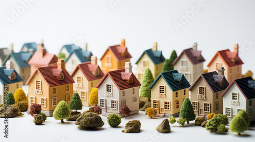 minimalist miniature property residential house block with trees isolated on white background created with Generative AI technology