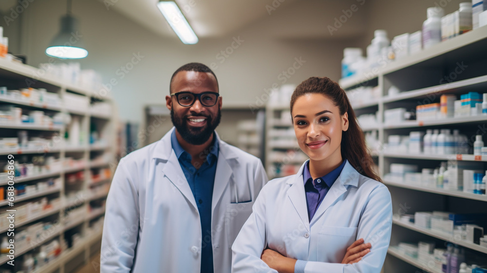 Group of healthcare professionals in pharmacy uniform looking at camera with smile, AI Generated - obrazy, fototapety, plakaty 
