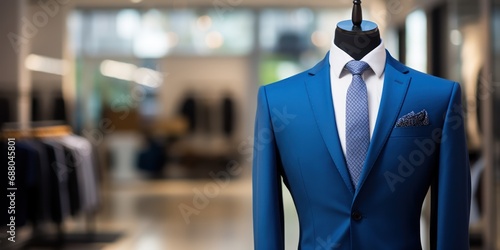 Mannequin displays a sharp blue suit with a light grey tie, ready for a formal event.