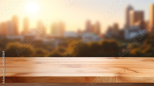 Elegant Honey Maple Wooden Table, Ideal for Product Placement Mockup with a Soft Morning Light and Blurry Urban Background - Perfect for Modern Interiors and Creative Display Mockups
 photo